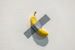 Maurizio Cattelan, _Comedian_ (2019). Banana, duct tape, dimensions variable. Exhibition view: Maurizio Cattelan, _The Last Judgment_, UCCA, Beijing (20 November 2021–20 February 2022). Courtesy UCCA Center for Contemporary Art.